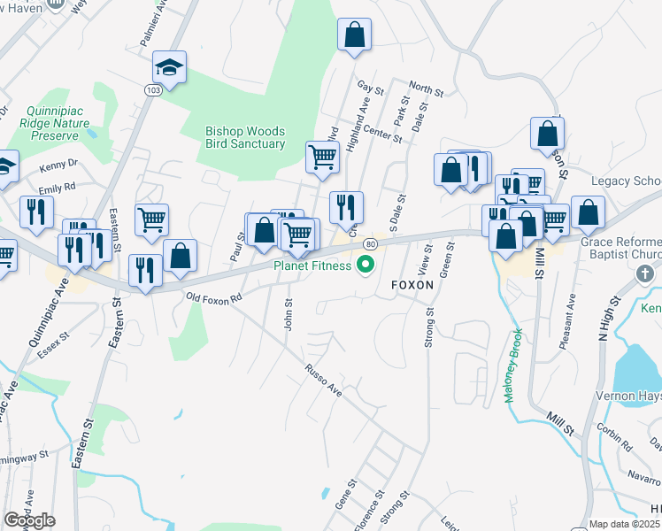 map of restaurants, bars, coffee shops, grocery stores, and more near 32 Old Foxon Road in East Haven
