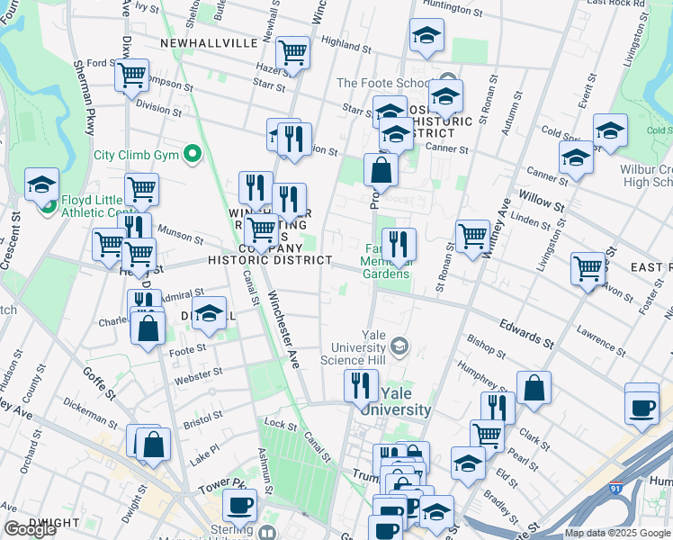 map of restaurants, bars, coffee shops, grocery stores, and more near 54 Hillside Place in New Haven