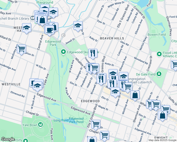 map of restaurants, bars, coffee shops, grocery stores, and more near Whalley Ave & Pendleton St in New Haven
