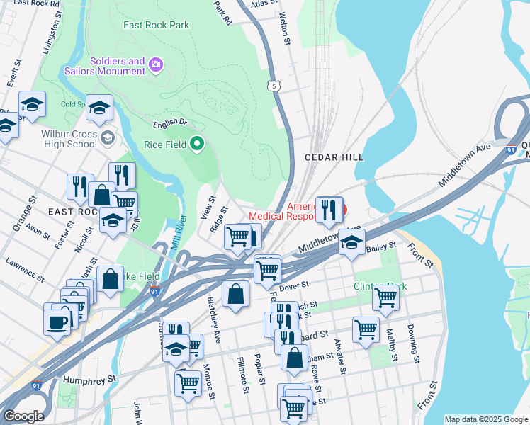 map of restaurants, bars, coffee shops, grocery stores, and more near 15 Grace Street in New Haven