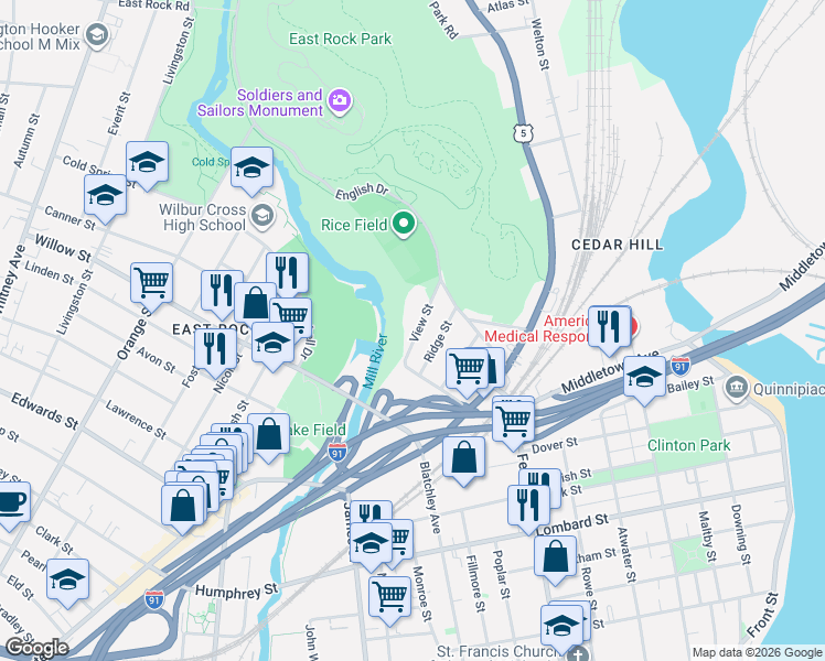 map of restaurants, bars, coffee shops, grocery stores, and more near 26 Ridge Street in New Haven