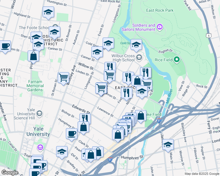 map of restaurants, bars, coffee shops, grocery stores, and more near 51 Avon Street in New Haven