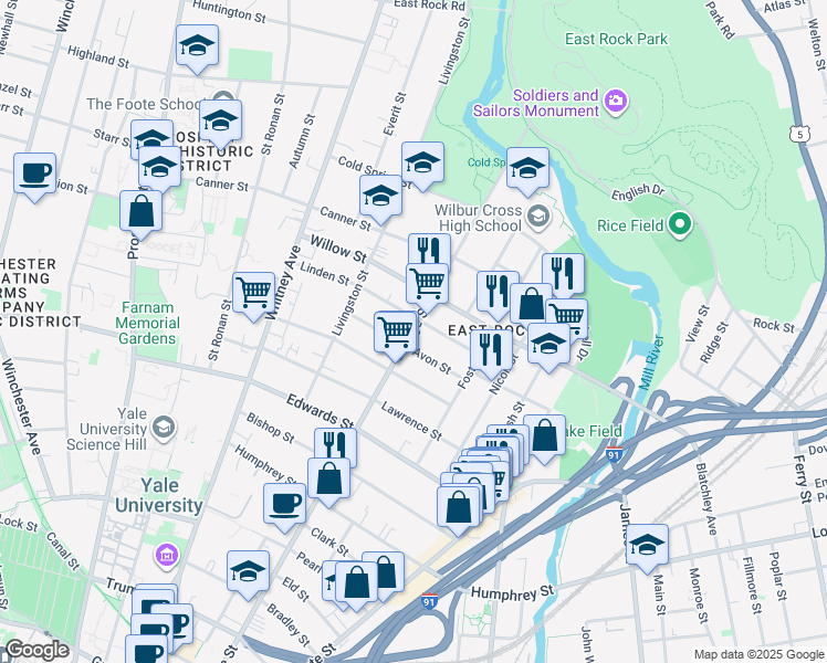map of restaurants, bars, coffee shops, grocery stores, and more near 51 Avon Street in New Haven