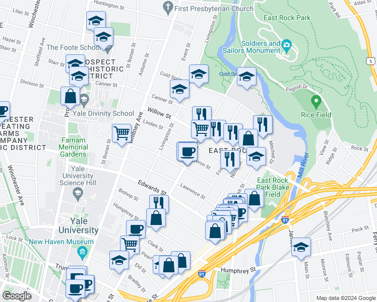 map of restaurants, bars, coffee shops, grocery stores, and more near 730 Orange Street in New Haven
