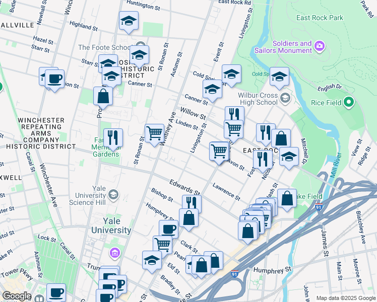 map of restaurants, bars, coffee shops, grocery stores, and more near 235 Lawrence Street in New Haven
