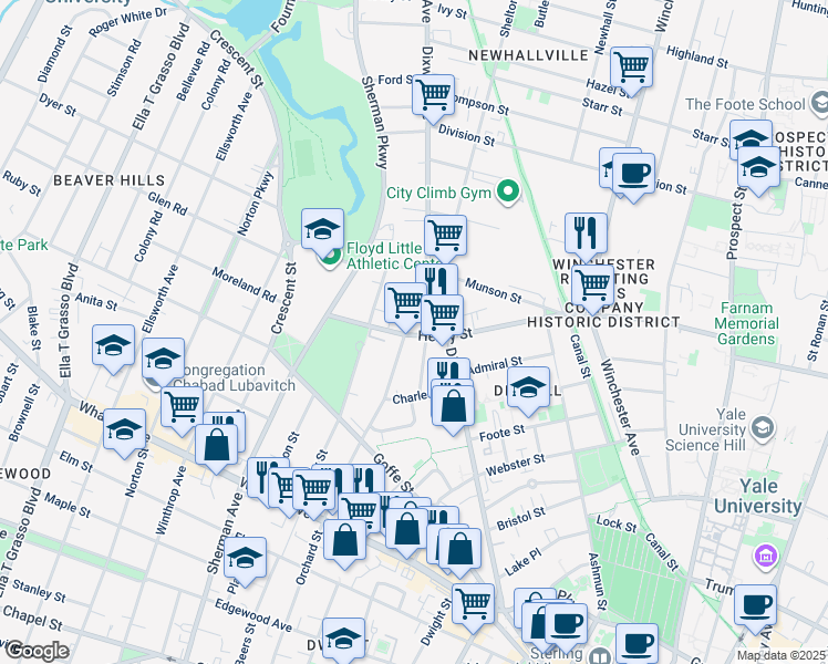 map of restaurants, bars, coffee shops, grocery stores, and more near 725 Orchard Street in New Haven