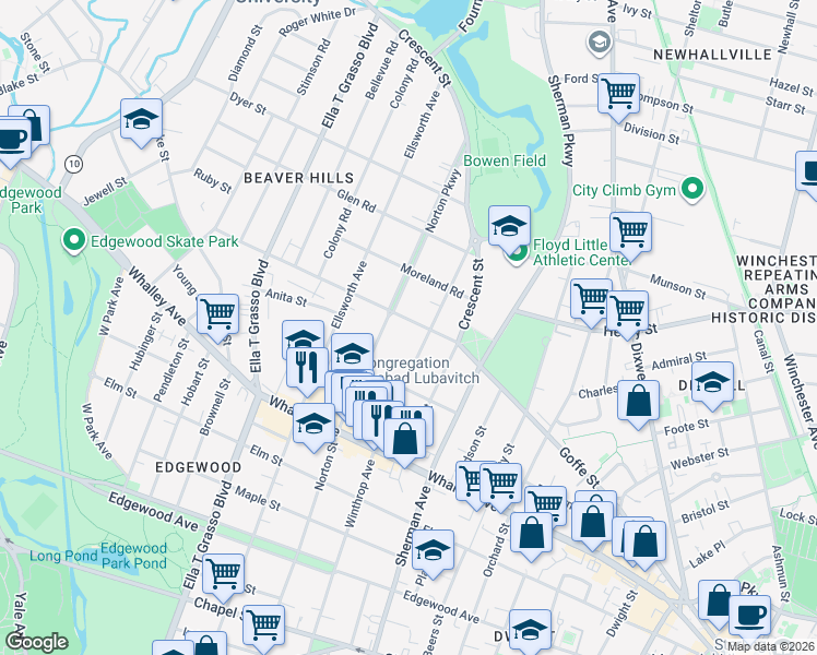 map of restaurants, bars, coffee shops, grocery stores, and more near 566 Winthrop Avenue in New Haven