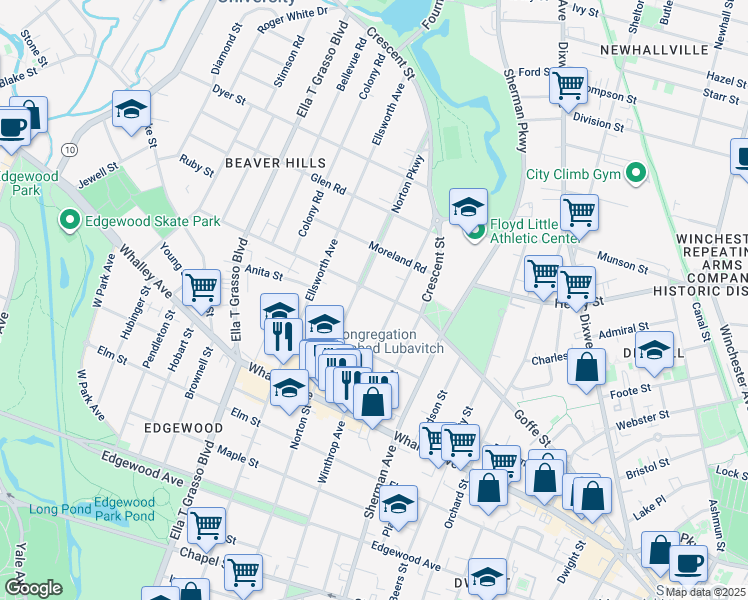 map of restaurants, bars, coffee shops, grocery stores, and more near 566 Winthrop Avenue in New Haven