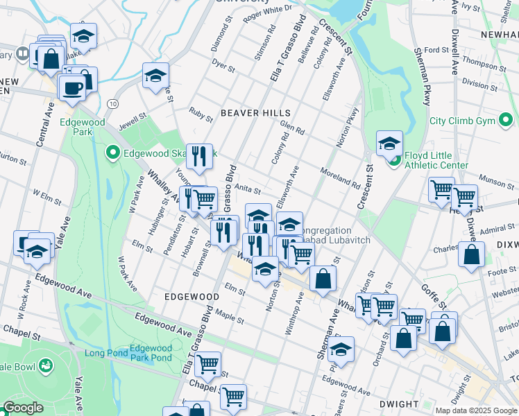 map of restaurants, bars, coffee shops, grocery stores, and more near 461 Whalley Avenue in New Haven