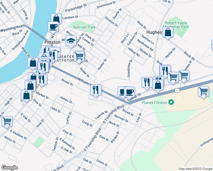 map of restaurants, bars, coffee shops, grocery stores, and more near 228 William Street in Pittston