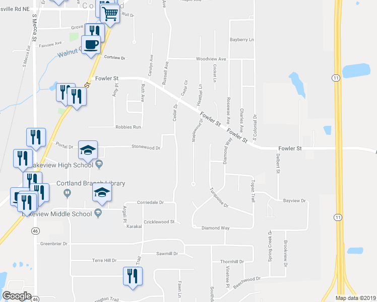 map of restaurants, bars, coffee shops, grocery stores, and more near 621 Cedar Drive in Cortland
