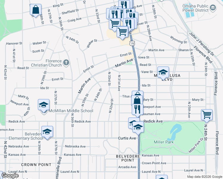 map of restaurants, bars, coffee shops, grocery stores, and more near 6733 North 33rd Street in Omaha