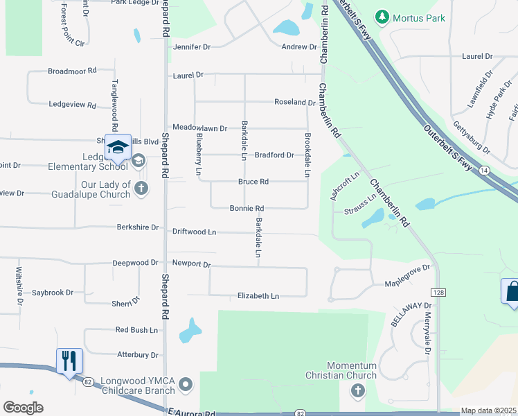 map of restaurants, bars, coffee shops, grocery stores, and more near 1532 Bonnie Road in Macedonia