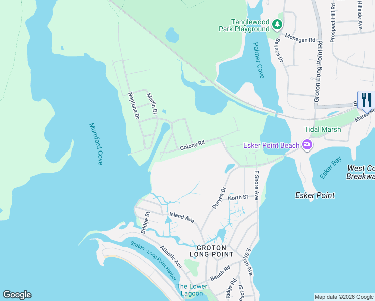 map of restaurants, bars, coffee shops, grocery stores, and more near 87 Colony Road in Groton