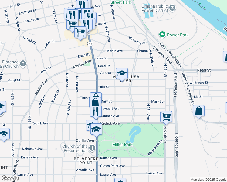 map of restaurants, bars, coffee shops, grocery stores, and more near 6860 North 28th Avenue in Omaha