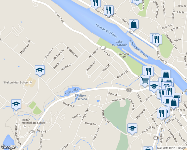 map of restaurants, bars, coffee shops, grocery stores, and more near 23 Geissler Drive in Shelton