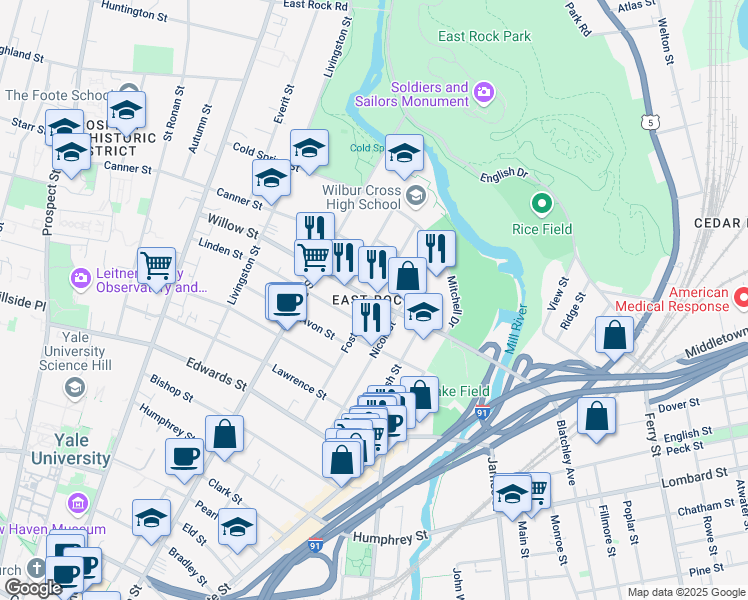 map of restaurants, bars, coffee shops, grocery stores, and more near Willow St & Foster St in New Haven
