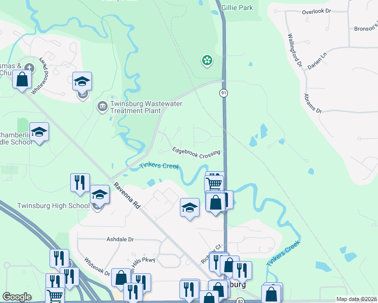map of restaurants, bars, coffee shops, grocery stores, and more near Edgebrook Crossing in Twinsburg