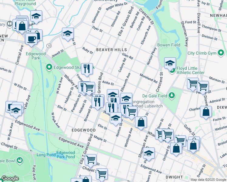 map of restaurants, bars, coffee shops, grocery stores, and more near 457 Whalley Avenue in New Haven