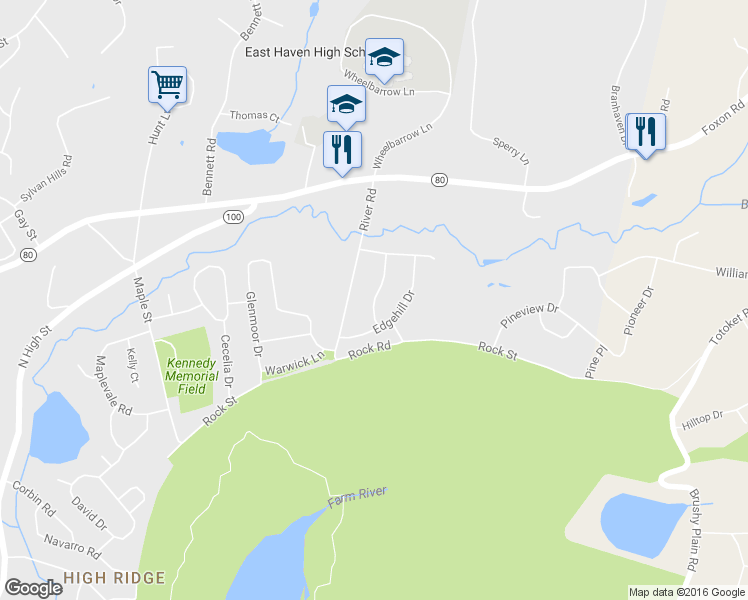 map of restaurants, bars, coffee shops, grocery stores, and more near 10 Wildwood Drive in East Haven