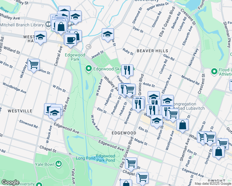 map of restaurants, bars, coffee shops, grocery stores, and more near 600 Whalley Avenue in New Haven