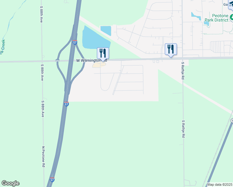 map of restaurants, bars, coffee shops, grocery stores, and more near 1054 Hummingbird Lane in Peotone