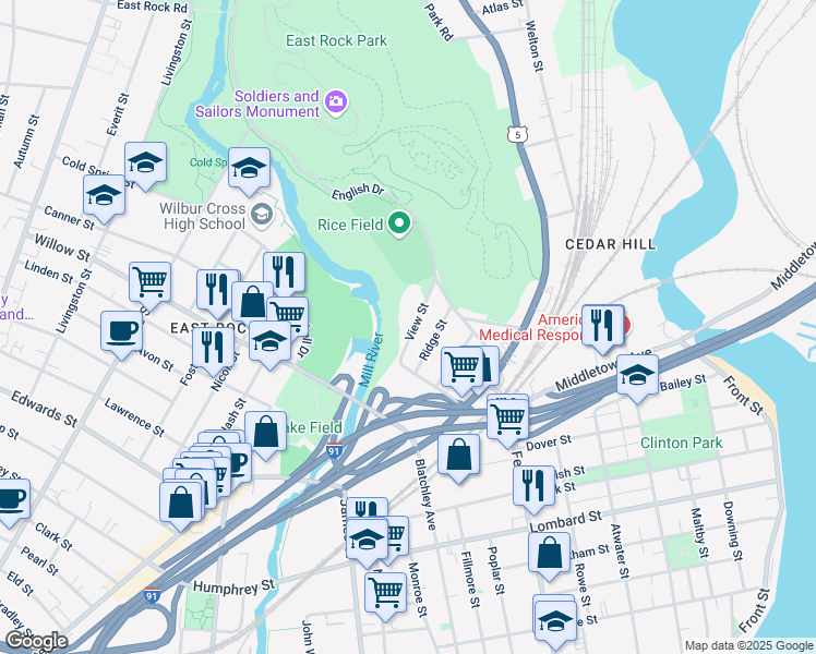 map of restaurants, bars, coffee shops, grocery stores, and more near 236 View Street in New Haven