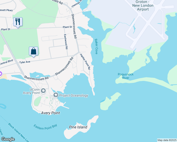 map of restaurants, bars, coffee shops, grocery stores, and more near 95 Pine Island Road in Groton