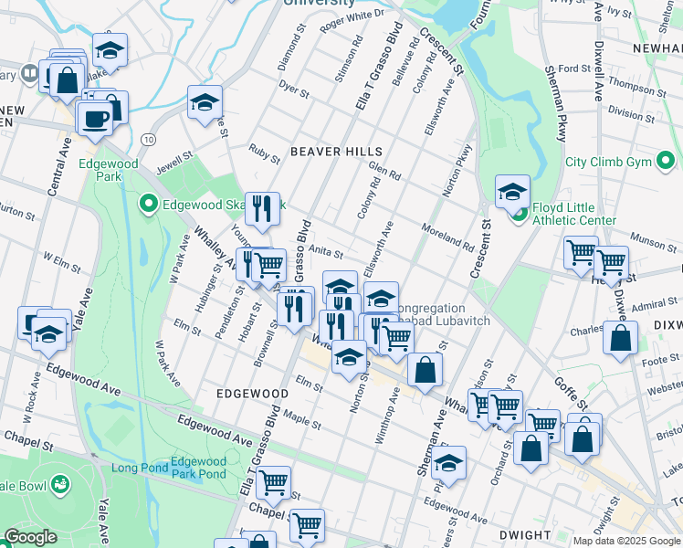 map of restaurants, bars, coffee shops, grocery stores, and more near 461 Whalley Avenue in New Haven