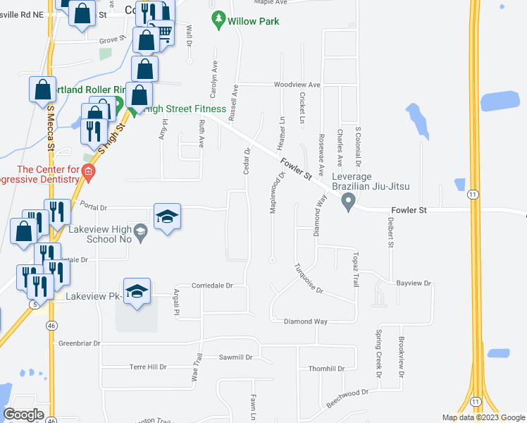 map of restaurants, bars, coffee shops, grocery stores, and more near 333 Maplewood Drive in Cortland