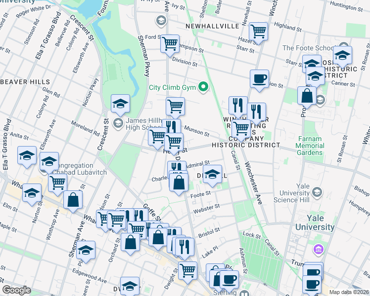map of restaurants, bars, coffee shops, grocery stores, and more near 63 Admiral Street in New Haven