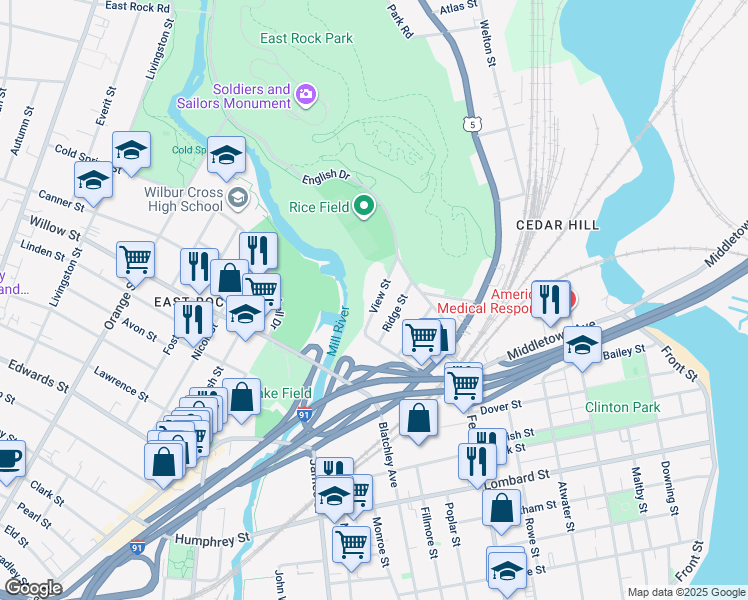 map of restaurants, bars, coffee shops, grocery stores, and more near 26 Ridge Street in New Haven
