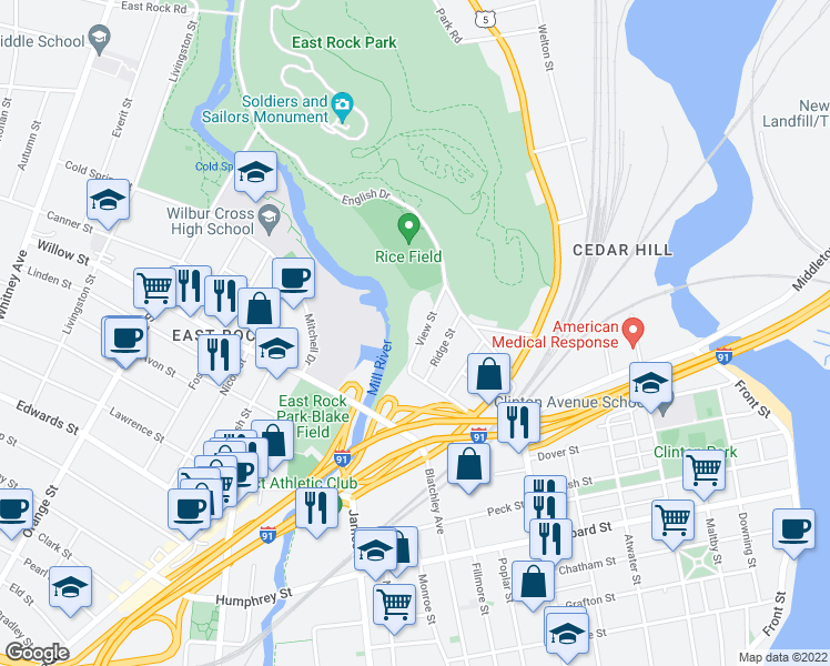 map of restaurants, bars, coffee shops, grocery stores, and more near 26 Ridge Street in New Haven