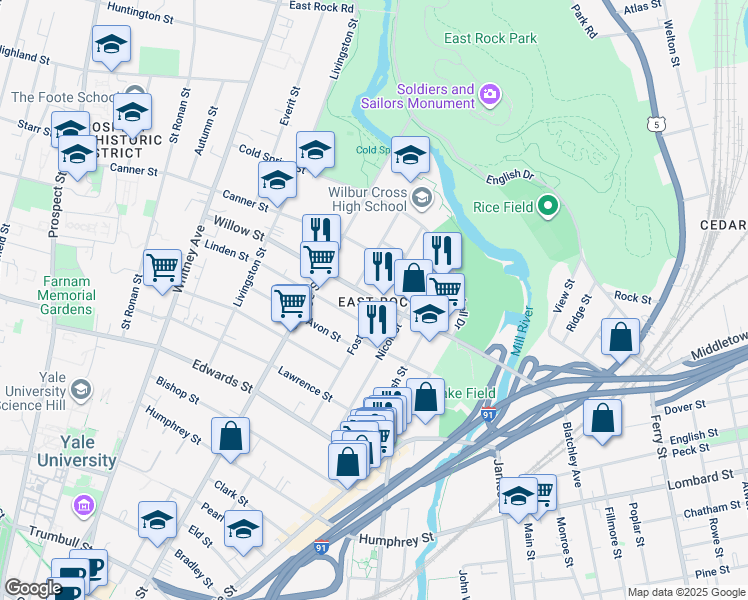 map of restaurants, bars, coffee shops, grocery stores, and more near 150 Willow Street in New Haven