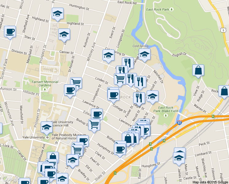 map of restaurants, bars, coffee shops, grocery stores, and more near 730 Orange Street in New Haven