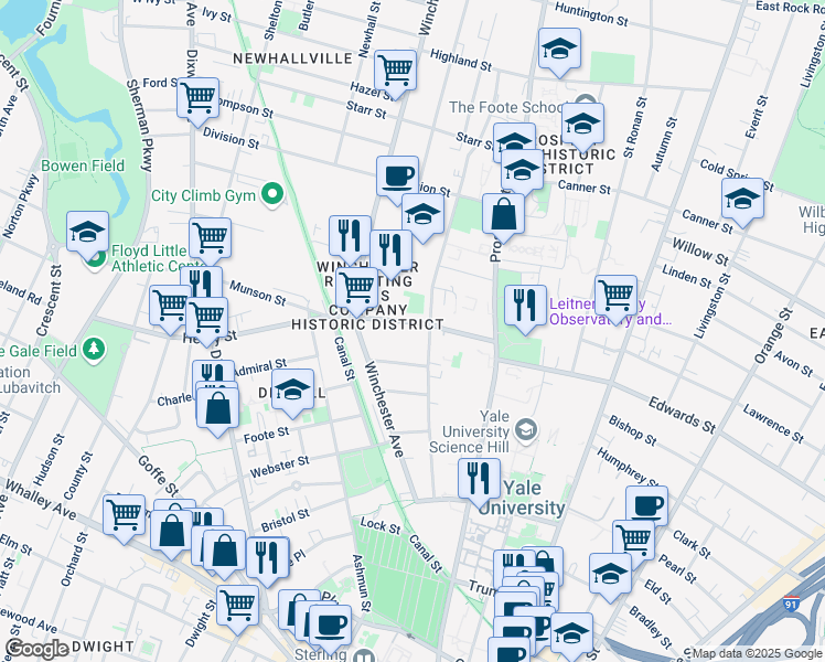 map of restaurants, bars, coffee shops, grocery stores, and more near 27 Tilton Street in New Haven