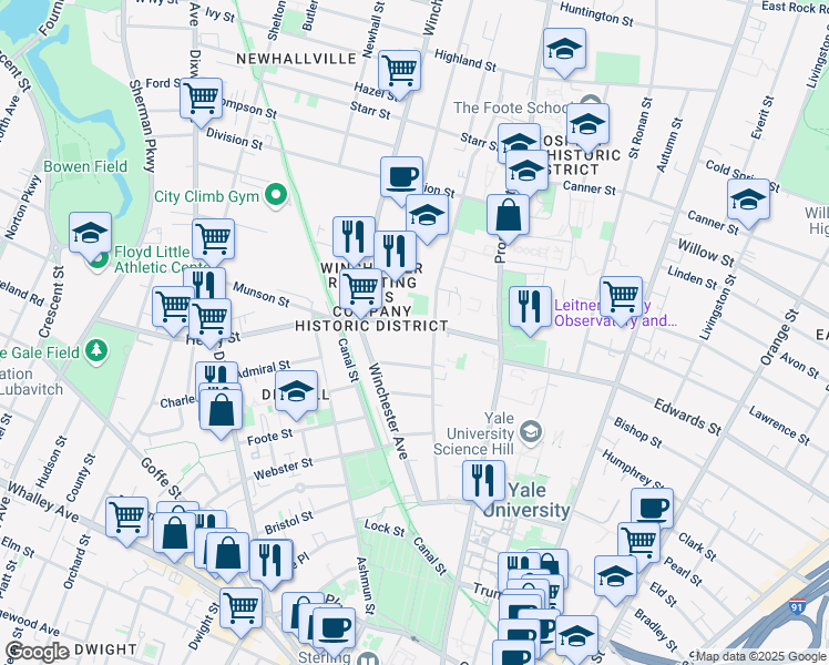 map of restaurants, bars, coffee shops, grocery stores, and more near 27 Tilton Street in New Haven
