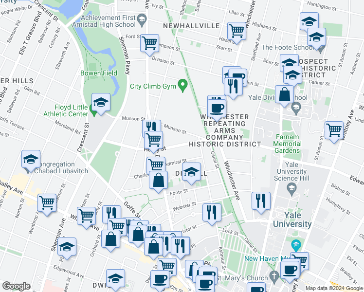 map of restaurants, bars, coffee shops, grocery stores, and more near 29 Admiral Street in New Haven