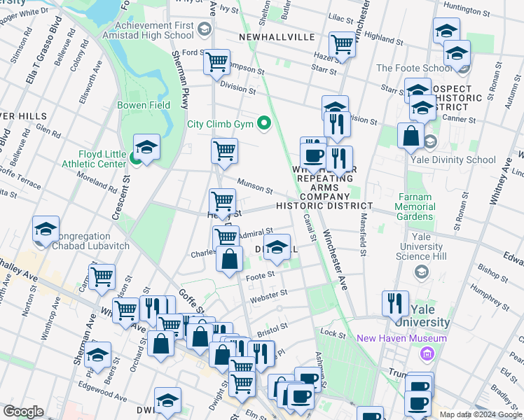 map of restaurants, bars, coffee shops, grocery stores, and more near 29 Admiral Street in New Haven
