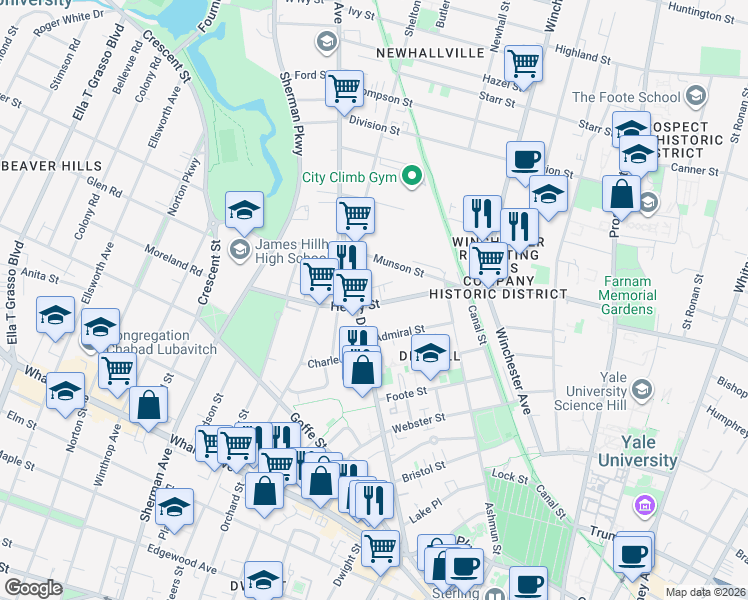 map of restaurants, bars, coffee shops, grocery stores, and more near 63 Admiral Street in New Haven