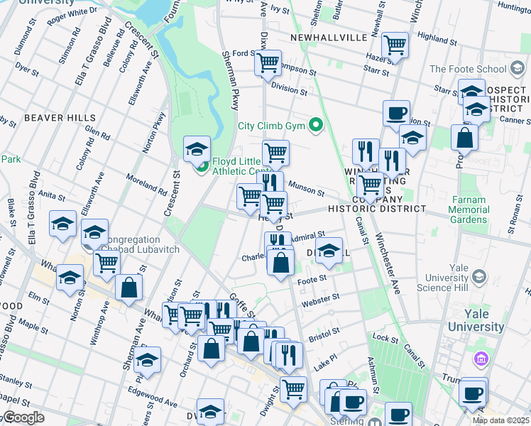 map of restaurants, bars, coffee shops, grocery stores, and more near 282 Dixwell Avenue in New Haven