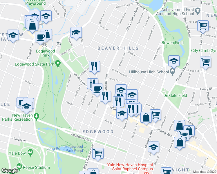map of restaurants, bars, coffee shops, grocery stores, and more near 1510 Ella T Grasso Boulevard in New Haven