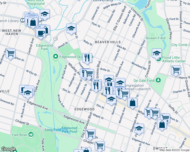 map of restaurants, bars, coffee shops, grocery stores, and more near 1510 Ella T Grasso Boulevard in New Haven