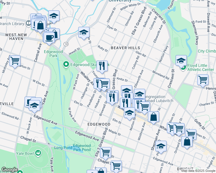 map of restaurants, bars, coffee shops, grocery stores, and more near 1510 Ella T Grasso Boulevard in New Haven