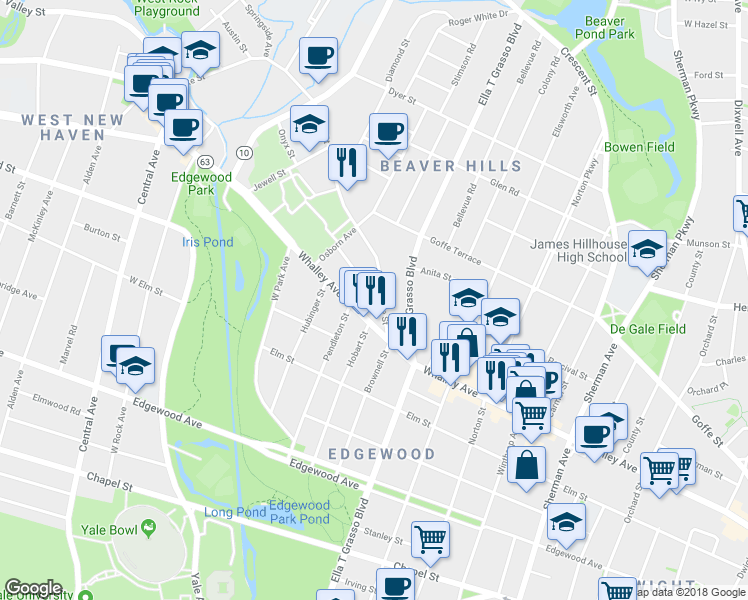 map of restaurants, bars, coffee shops, grocery stores, and more near 551 Whalley Avenue in New Haven
