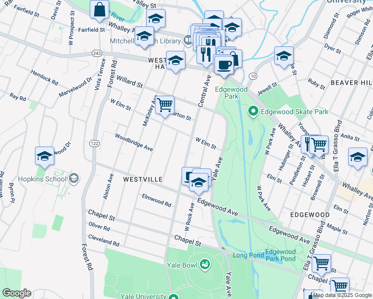 map of restaurants, bars, coffee shops, grocery stores, and more near 421 Central Avenue in New Haven