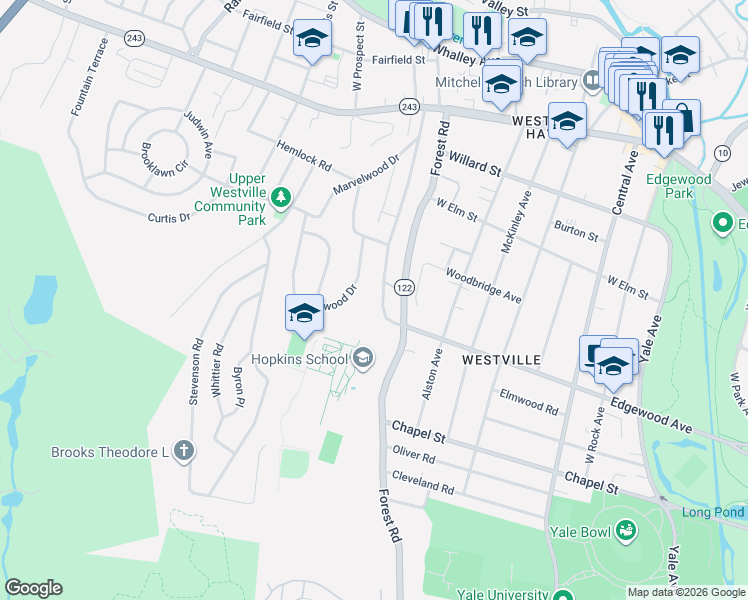 map of restaurants, bars, coffee shops, grocery stores, and more near 78 Knollwood Drive in New Haven