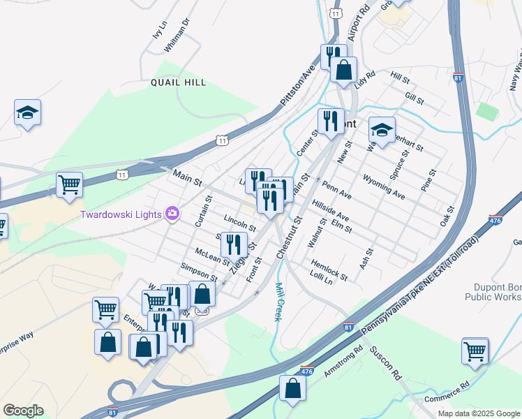map of restaurants, bars, coffee shops, grocery stores, and more near 322 Main Street in Dupont