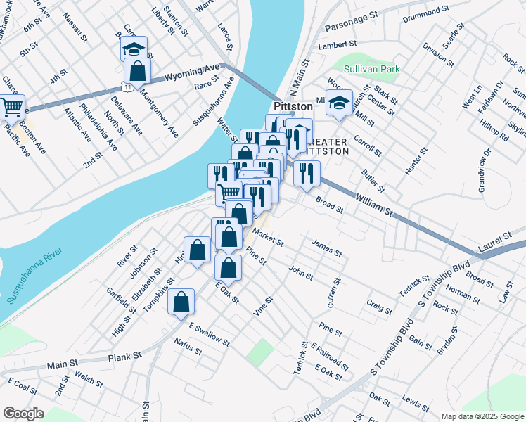 map of restaurants, bars, coffee shops, grocery stores, and more near 7 Spring Street in Pittston