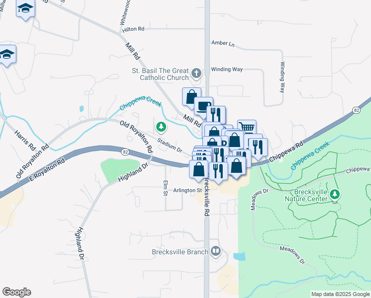 map of restaurants, bars, coffee shops, grocery stores, and more near 6909 East Royalton Road in Brecksville